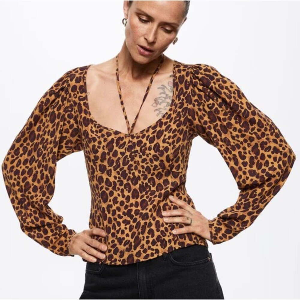 MANGO Leopard Print Mesh Top Brown Sheer V-Neck Blouse Messy Girl Whimsigoth 6